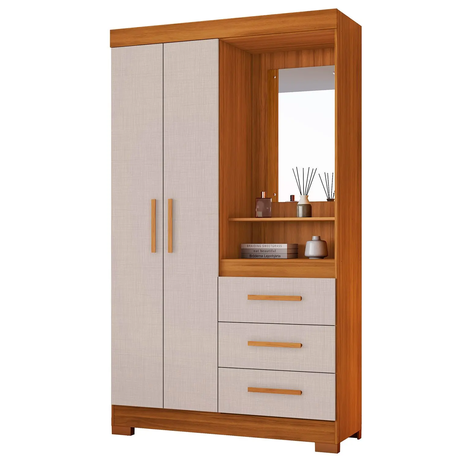 Guarda-Roupa 2 Portas e 3 Gavetas Com Espelho NT6020 Freijó Off