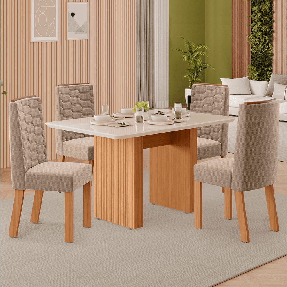  Mesa Tuboarte Helena 4 Cadeiras Tuboarte De Vidro Freijo Off White