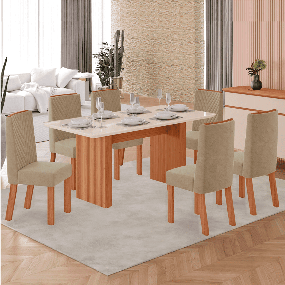 Mesa Tuboarte Helena 6 Cadeiras 160X80 Vidro/Freijo/Off