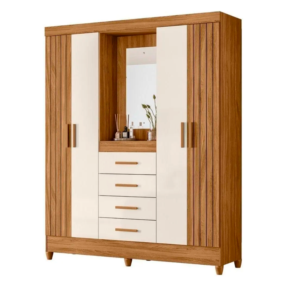 Guarda Roupa Casal  Atenas Moval Capela Com Espelho 4 Portas e 4 Gavetas 165cm Freijo Off White
