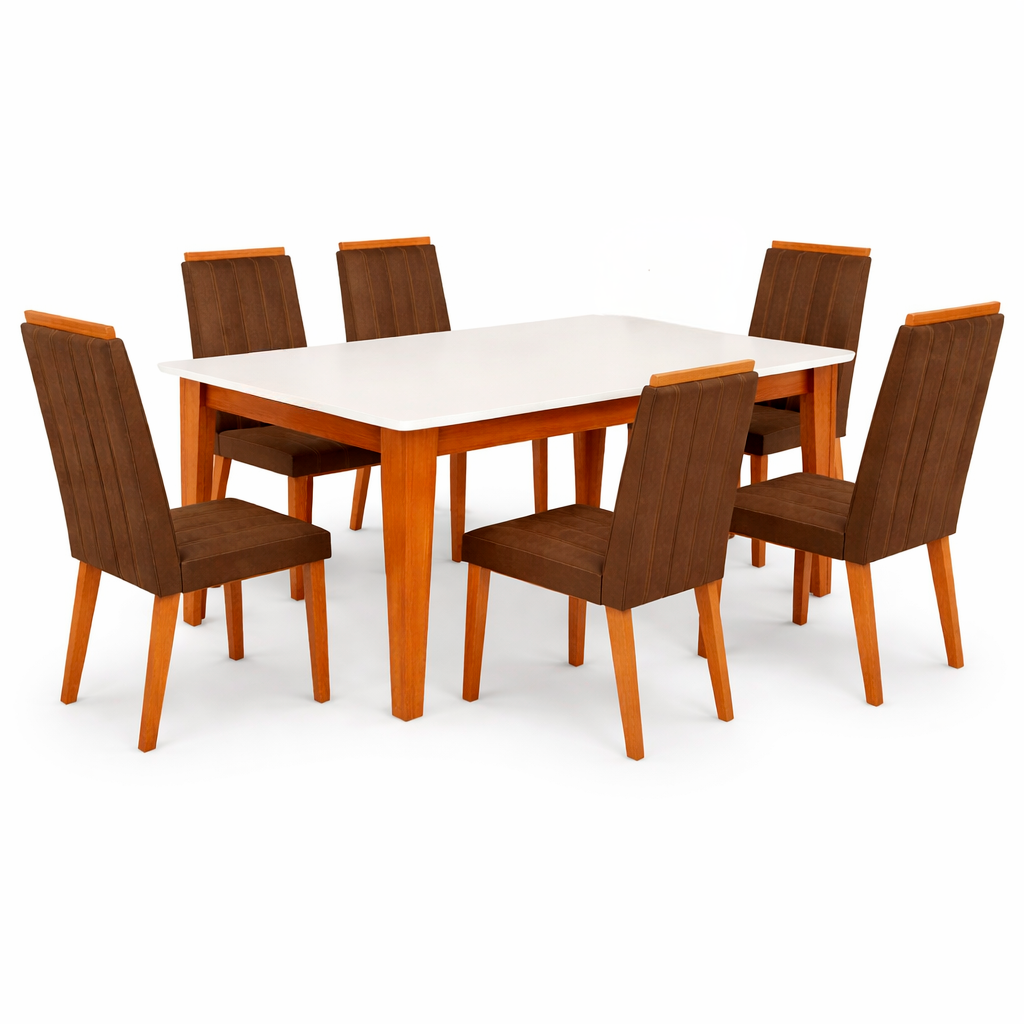 Mesa de Jantar Indekes Suécia 6 Cadeiras Tampo de Vidro 160cm Freijó Cuppucino