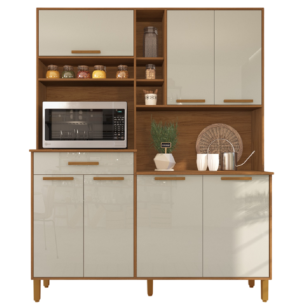 Armário Kit de Cozinha 7 Portas 1 Gaveta 160 cm Freijó Off White Indekes Braga