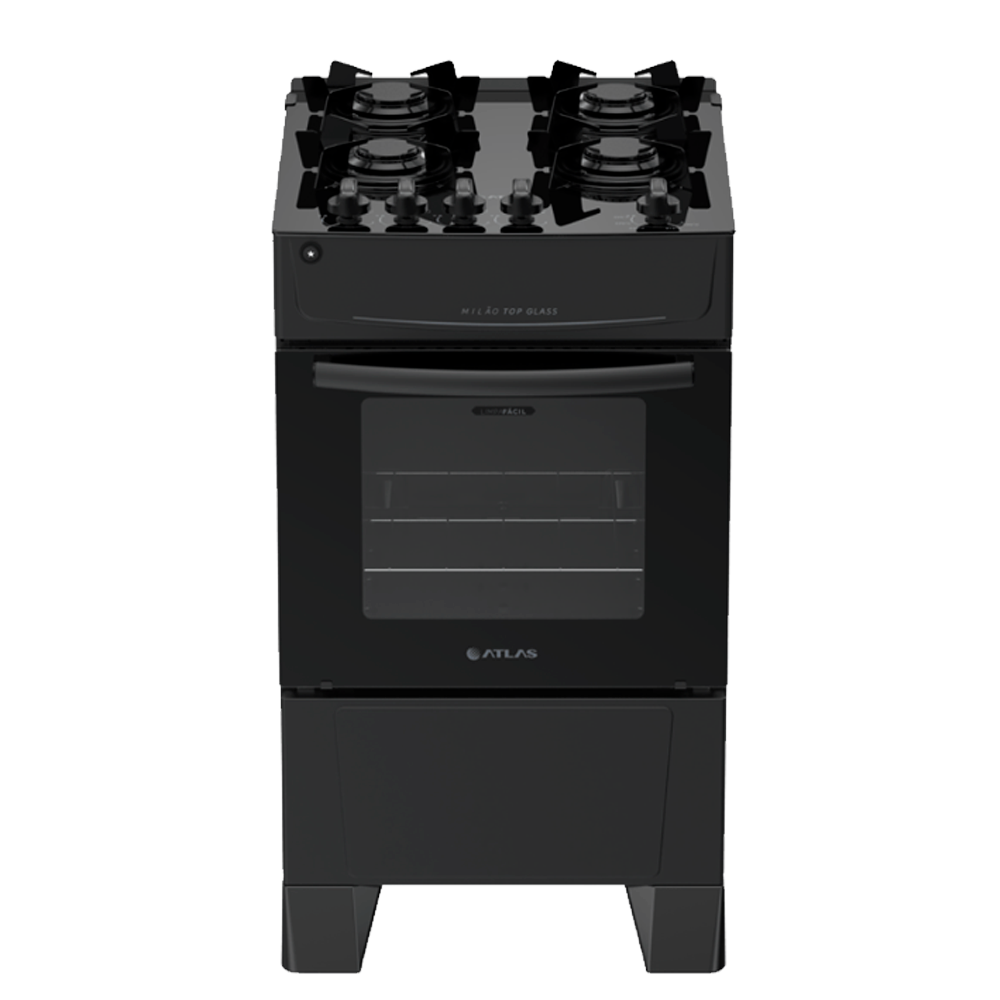 Fogão 4 Bocas Preto com Mesa de Vidro Atlas Milão Top Glass