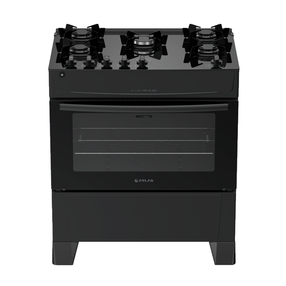 Fogão 5 Bocas Preto com Mesa de Vidro Atlas Milão Top Glass