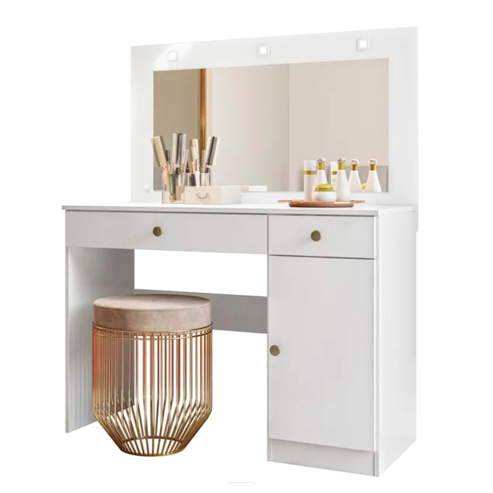Cômoda Camarim Bella Branco Moval 1 porta e 2 Gavetas Com Espelho e LED