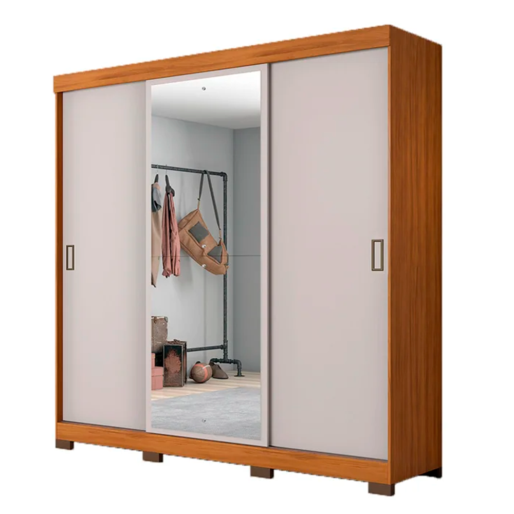 Guarda Roupa De Casal 3 Portas de Correr com Espelho NT5020 Freijó com Off White - Notável