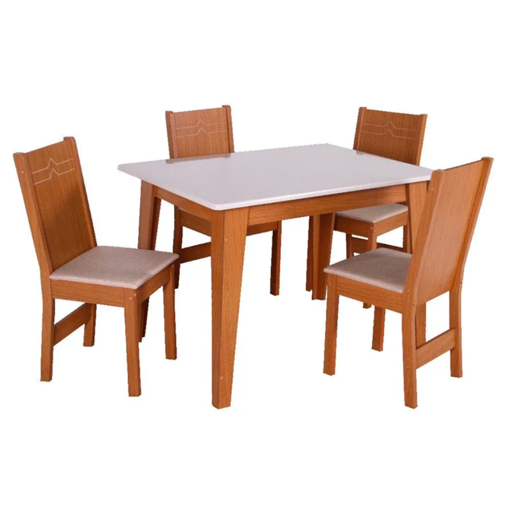 Mesa de Jantar São Carlos Giovana Retangular com 4 Cadeiras Cinamomo Off White Tecido Asgard Bege