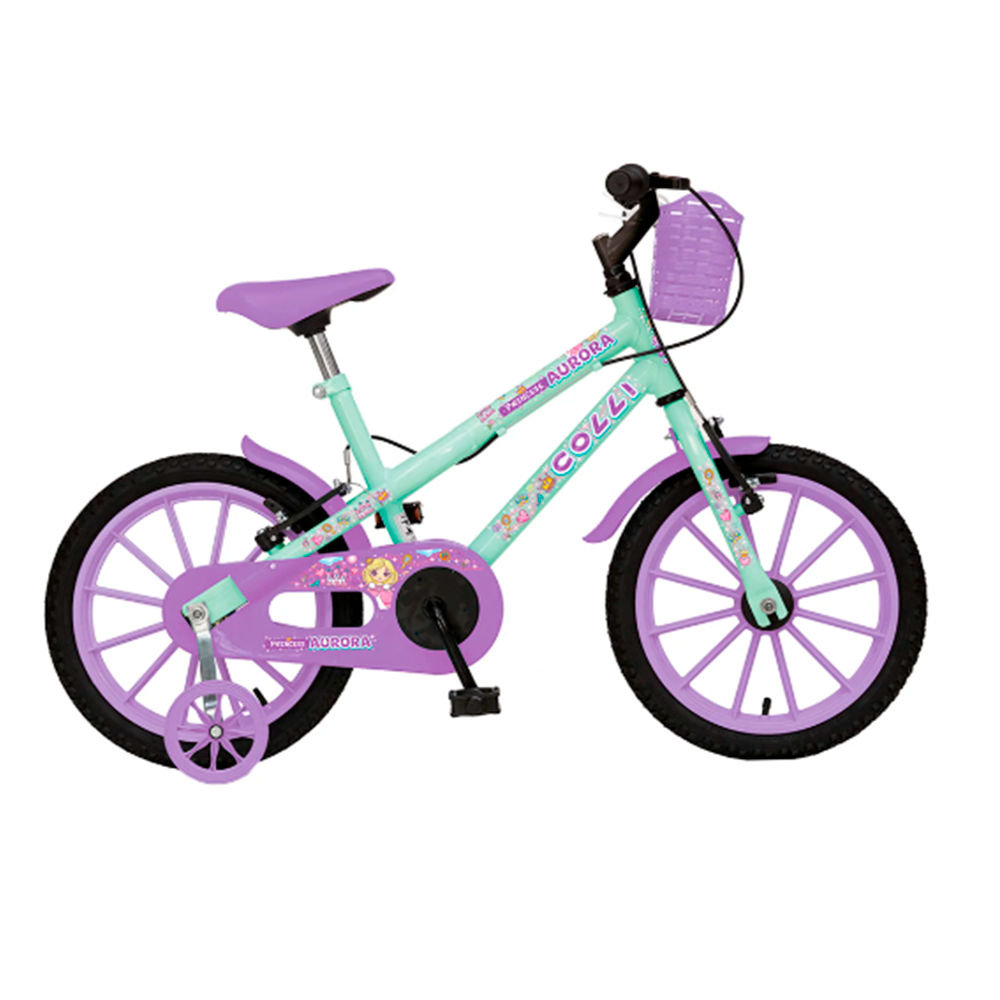 Bicicleta Infantil Aro 16 Colli Aurora Freio V-Brake 1 Marcha Cestinha  VerdeAcqua Roxo